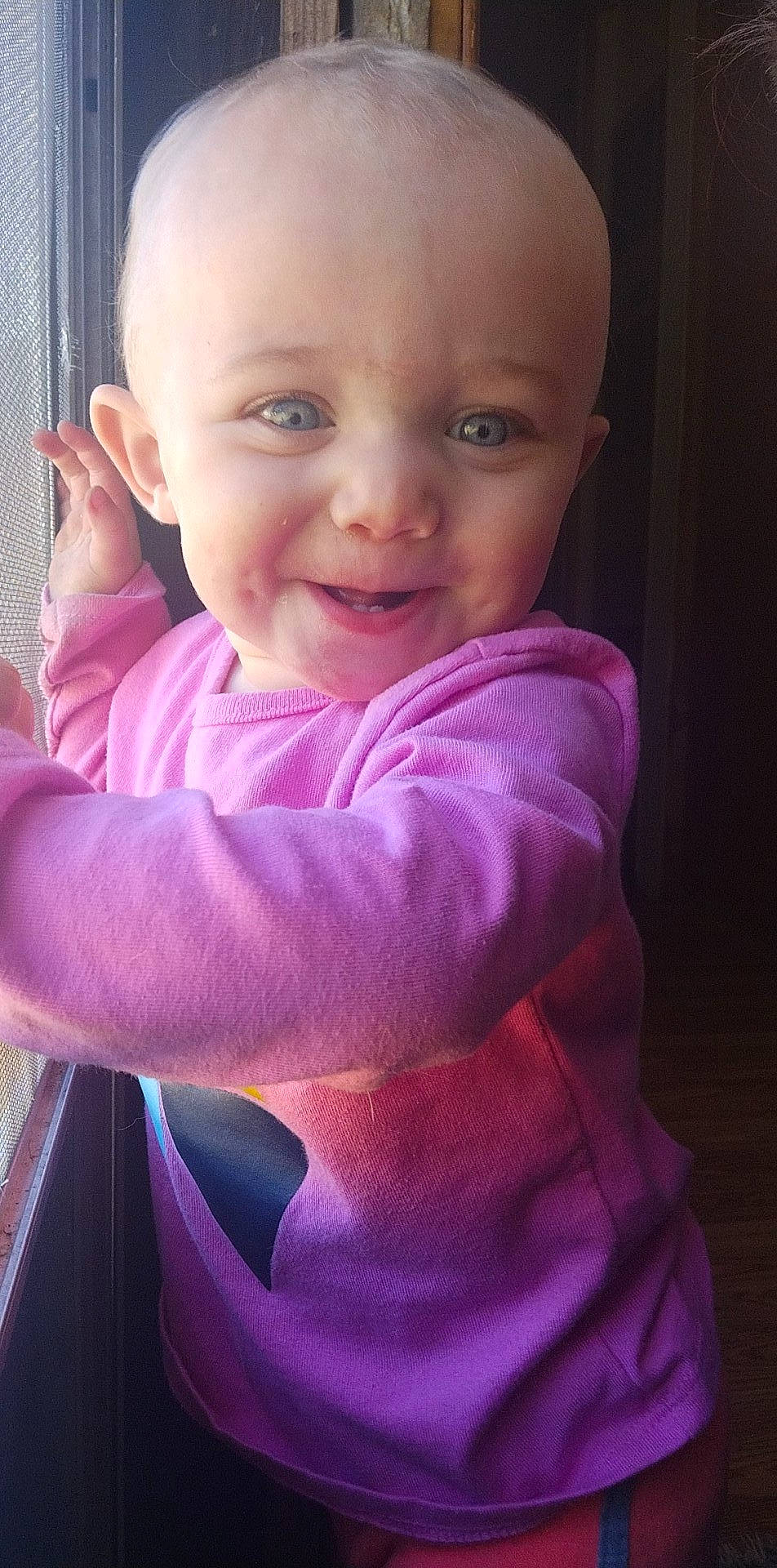 Athena joined the competition — help win amazing prizes! baby, baby_toddler_clothing, cheek, child, finger, gesture, happy, human_body, iris, lip, magenta, nose, person, pink, purple, skin, sleeve, smile, thumb, toddler