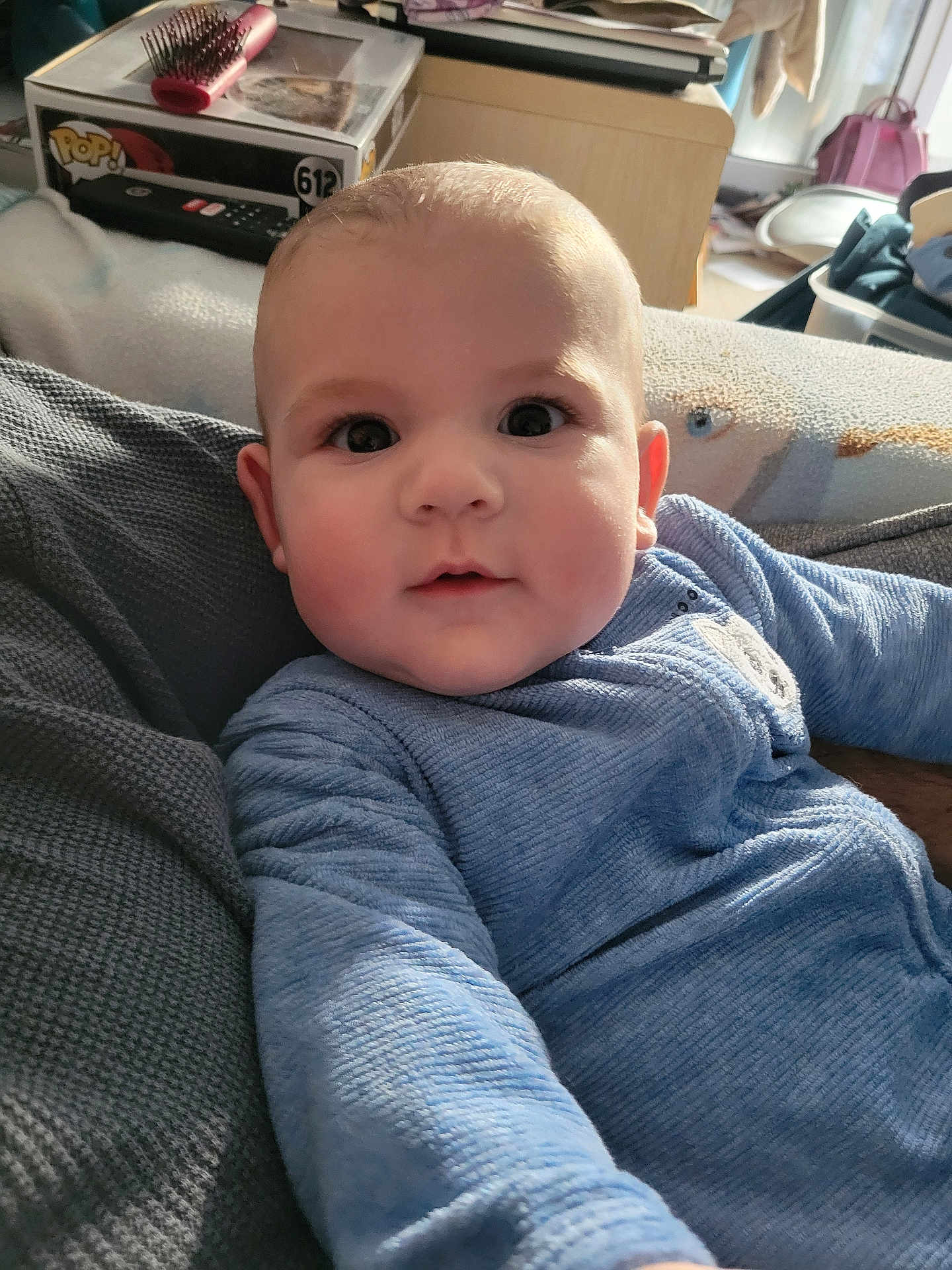 Maël participe au concours pour gagner de l'argent avec cette photo : baby, infant, child, blue_clothing, close_up, face, eyes, cheeks, indoor, couch, blanket, soft_light, curious, portrait, person, home, cozy, sitting, cute, young