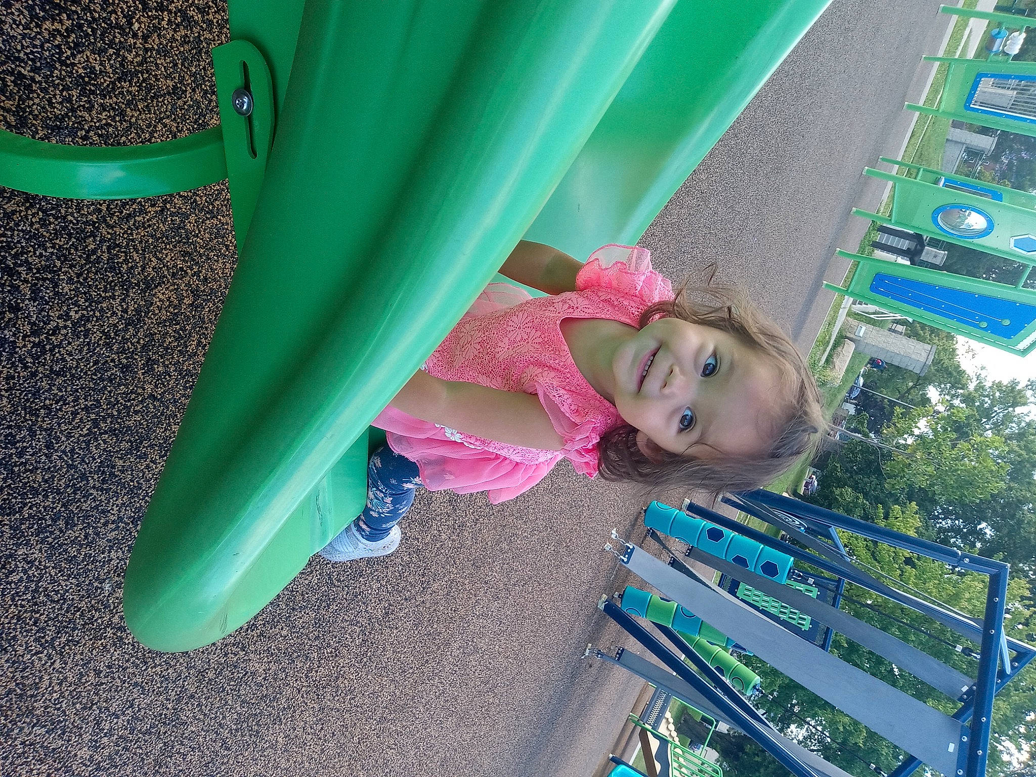 Anna joined the competition — help win amazing prizes! child, chute, city, electric_blue, fun, grass, green, happy, joy, leisure, line, magenta, outdoor_play_equipment, person, plastic, playground, product, recreation, smile, toddler
