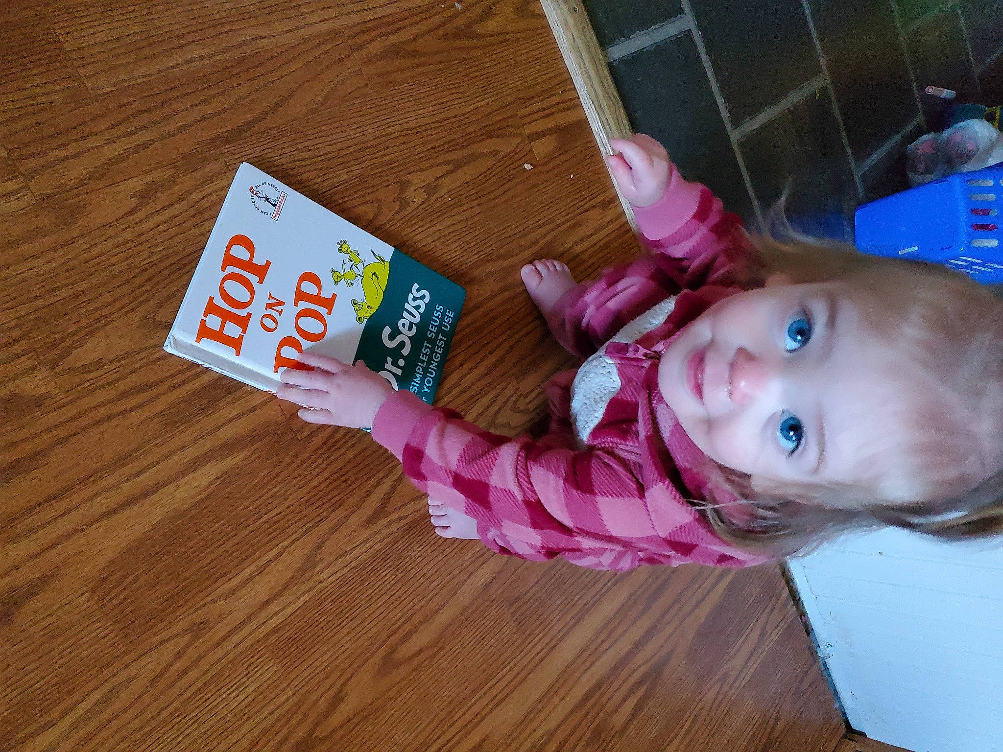 Dahlia joined the competition — help win amazing prizes! baby, baby_toddler_clothing, cheek, child, facial_expression, floor, flooring, fun, hardwood, laminate_flooring, magenta, pattern, person, play, skin, smile, toddler, varnish, wood, wood_flooring