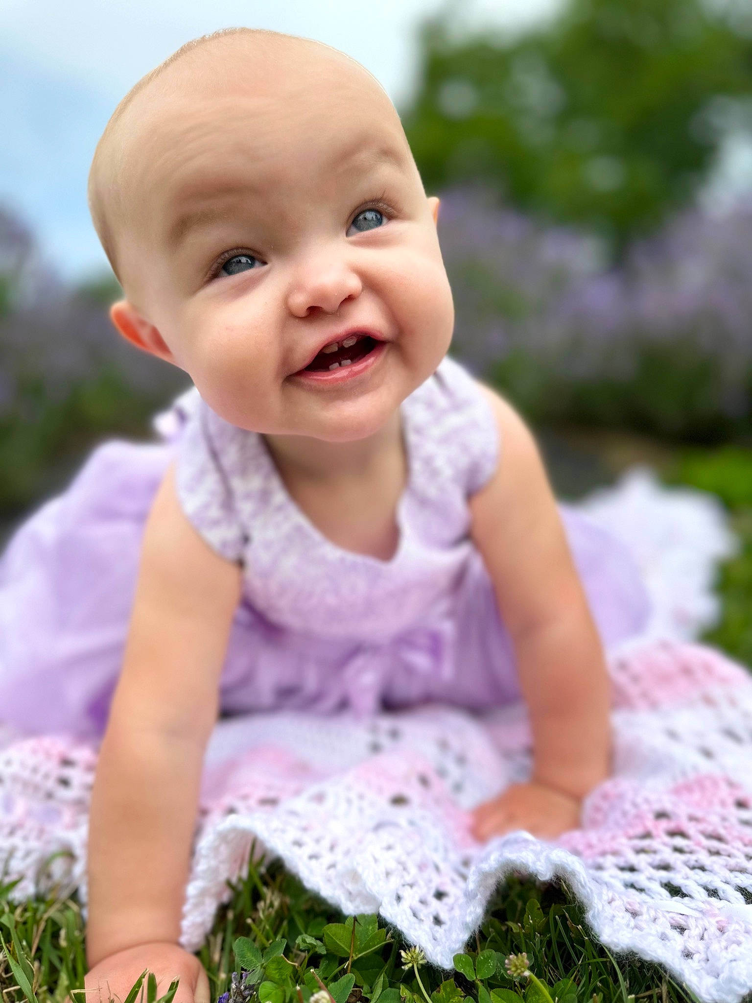 Alaina joined the competition — help win amazing prizes! baby, baby_toddler_clothing, cheek, dress, eye, face, fun, grass, happy, iris, lip, magenta, people_in_nature, person, pink, plant, purple, skin, sleeve, smile