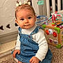Haïvie a rejoint le concours — aidez-le/la à gagner de superbes lots ! baby, toddler, child, denim_dress, white_long_sleeve, hair_bows, sitting, smile, big_eyes, toy_cube, playpen, indoor, rug, portrait, close_up, shoe, tights, wooden_toy, cute, curious_expression