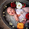 baby, infant, flower, red_rose, yellow_rose, white_flower, milky_water, metal_tub, barefoot, wrapped_in_cloth, smiling, cute, portrait, indoor, decorative, relaxing, newborn, skin, headband, peaceful