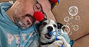 Jack a rejoint le concours — aidez-le/la à gagner de superbes lots ! man, dog, bubble, clown_hat, red_nose, glasses, couch, indoors, hugging, happy, beard, hoodie, colorful, playful, pet, animal, smiling, bird, toy, relaxing