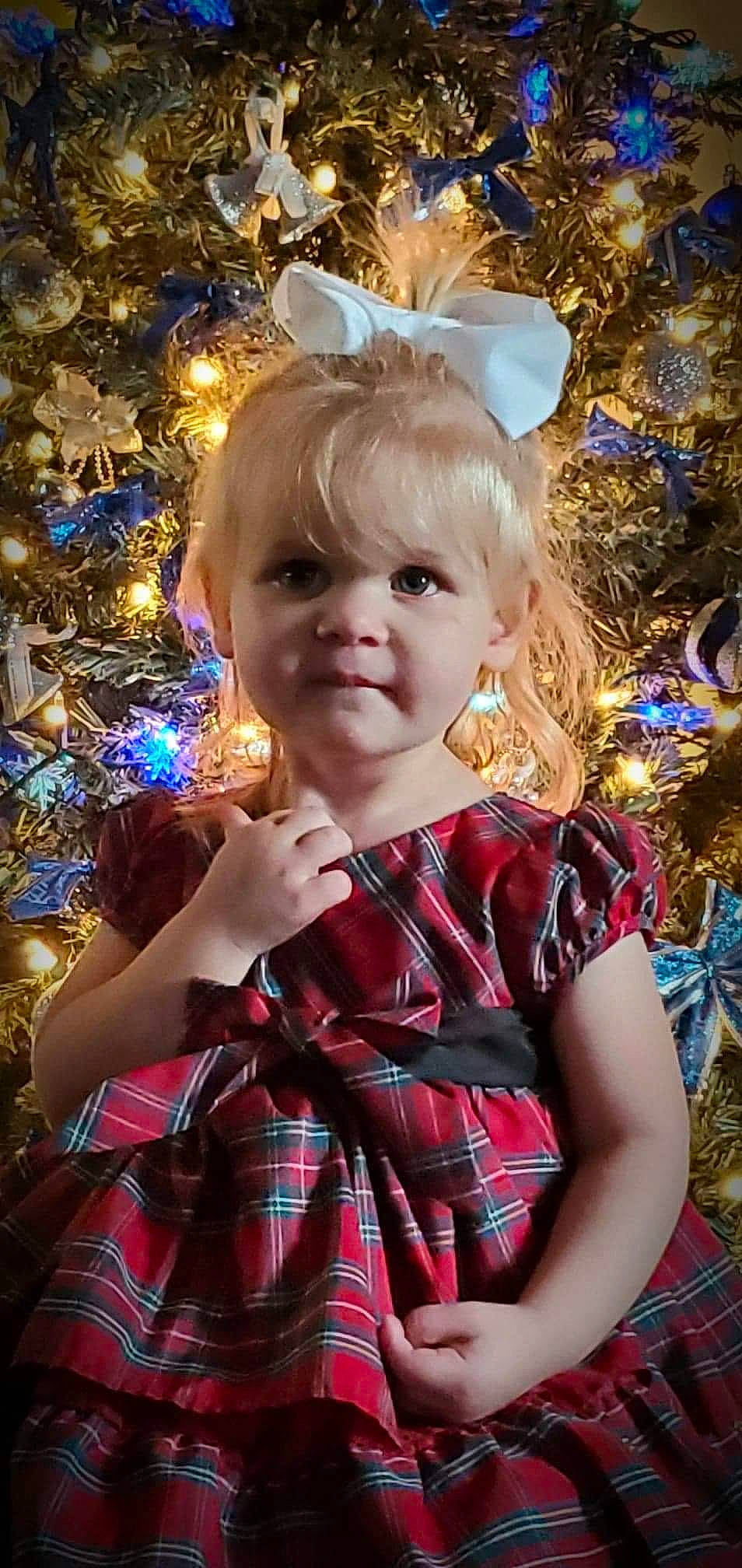 Luka is registered to the contest to win money with this photo: baby_toddler_clothing, christmas_ornament, christmas_tree, eye, facial_expression, fawn, green, hair, happy, head, holiday_ornament, iris, leaf, light, organ, people_in_nature, person, plaid, standing, tartan