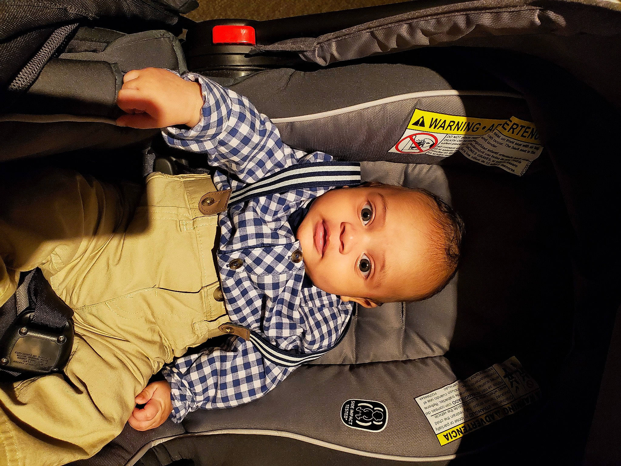 Frederick is registered to the contest to win money with this photo: auto_part, baby, baby_carriage, baby_products, baby_safety, baby_toddler_clothing, backpack, bag, baggage, black, car_seat, child, comfort, luggage_and_bags, pattern, person, sitting, sleeve, smile, toddler