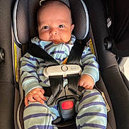Eder joined the competition — help win amazing prizes! baby, car_seat, child, infant, safety_harness, clothing, striped_onesie, seatbelt, cute, portrait, indoor, person, child_seat, baby_boy, secure, small_hands, headrest, fabric, soft_lighting, car_interior