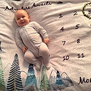 Winston joined the competition — help win amazing prizes! baby, infant, onesie, smile, milestone_blanket, numbers, wreath, months, trees, mountains, moon, cozy, lying_down, celebration, cute, soft_texture, white_clothing, happy, child, portrait
