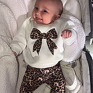 Cleo joined the competition — help win amazing prizes! baby, infant, smiling, leopard_print, sweater, pants, socks, blanket, bassinet, cozy, cute, child, clothing, indoor, soft, happy, portrait, newborn, resting, warm