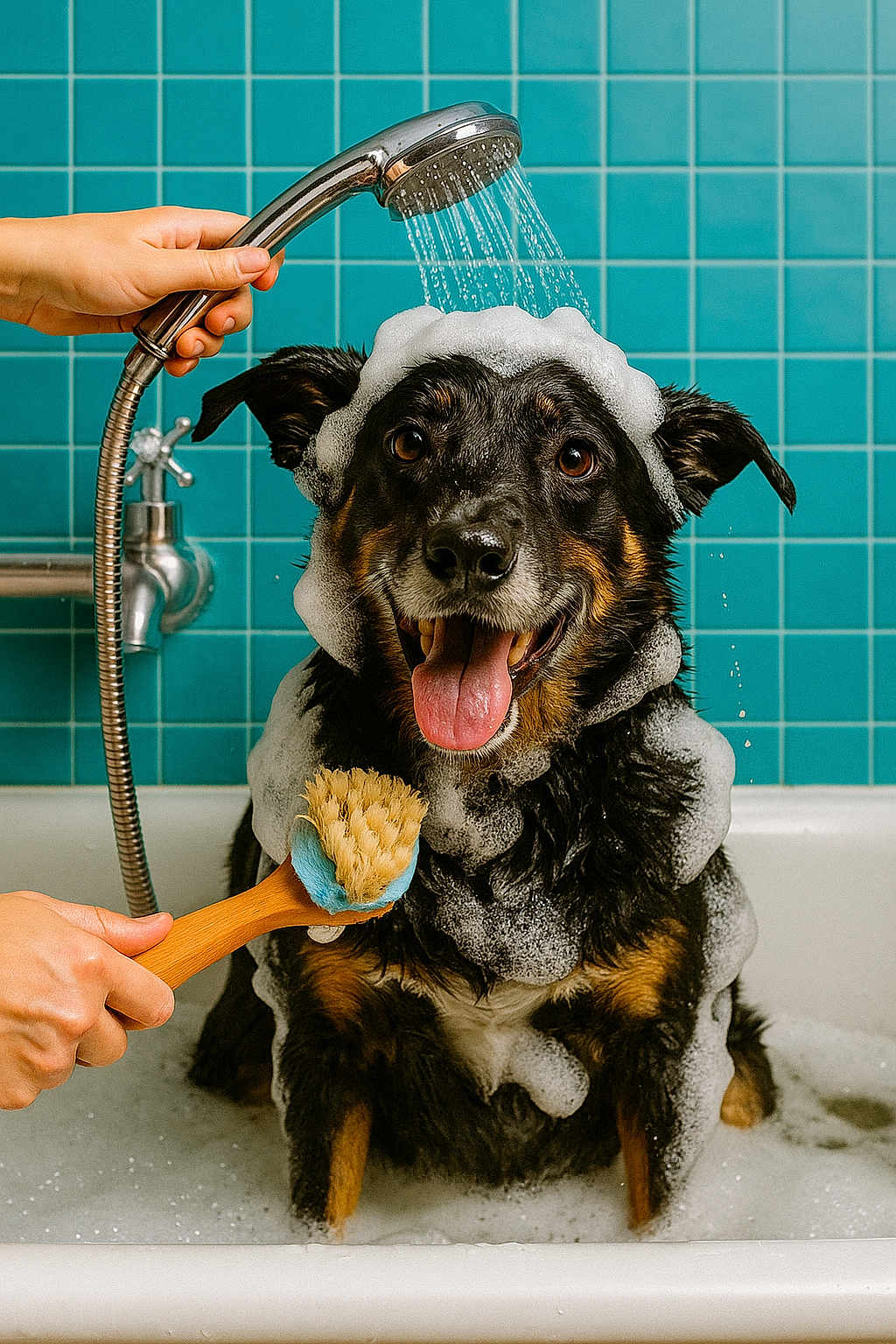 Bella a rejoint le concours — aidez-le/la à gagner de superbes lots ! dog, bathtub, soap_bubbles, shower_head, scrubbing_brush, water, person_hands, bath_time, happy_dog, cleaning, foam, indoor, pet_care, bathroom, tile_wall, tongue_out, wet_fur, black_dog, brown_markings, playful
