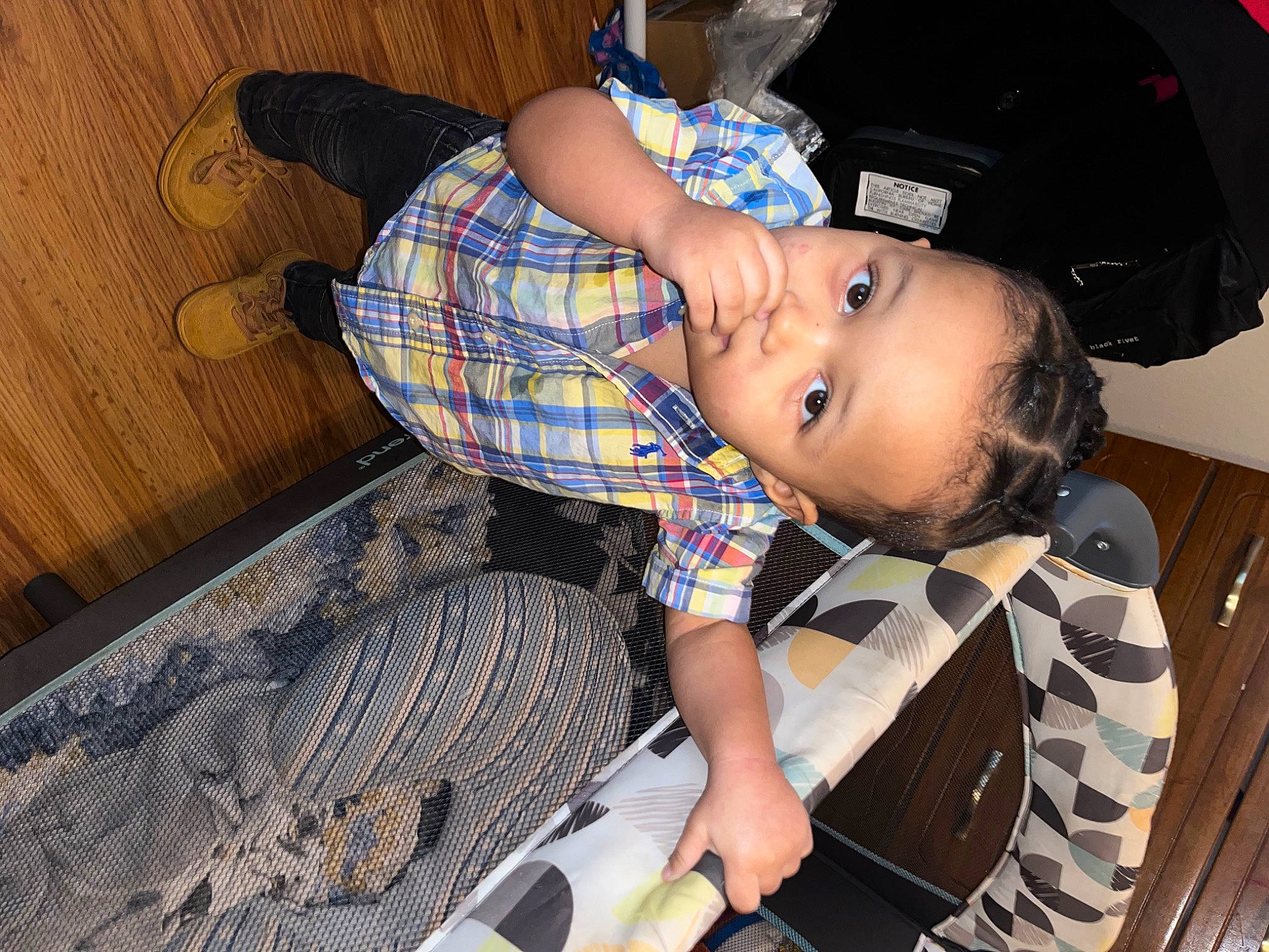 Emmitt Jr is registered to the contest to win money with this photo: baby, baby_products, baby_toddler_clothing, child, comfort, electric_blue, flooring, fun, hardwood, hat, pattern, person, plaid, room, sitting, tartan, toddler, wood