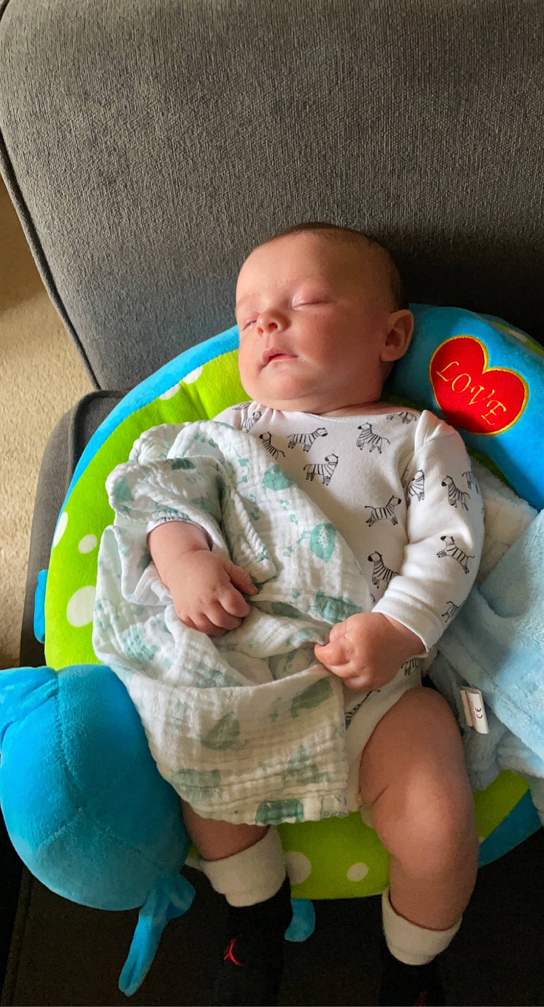 Kelvin is registered to the contest to win money with this photo: baby, baby_products, baby_sleeping, baby_toddler_clothing, chair, cheek, child, comfort, eye, human_leg, knee, lap, leg, linens, mouth, person, sitting, skin, sock, thigh