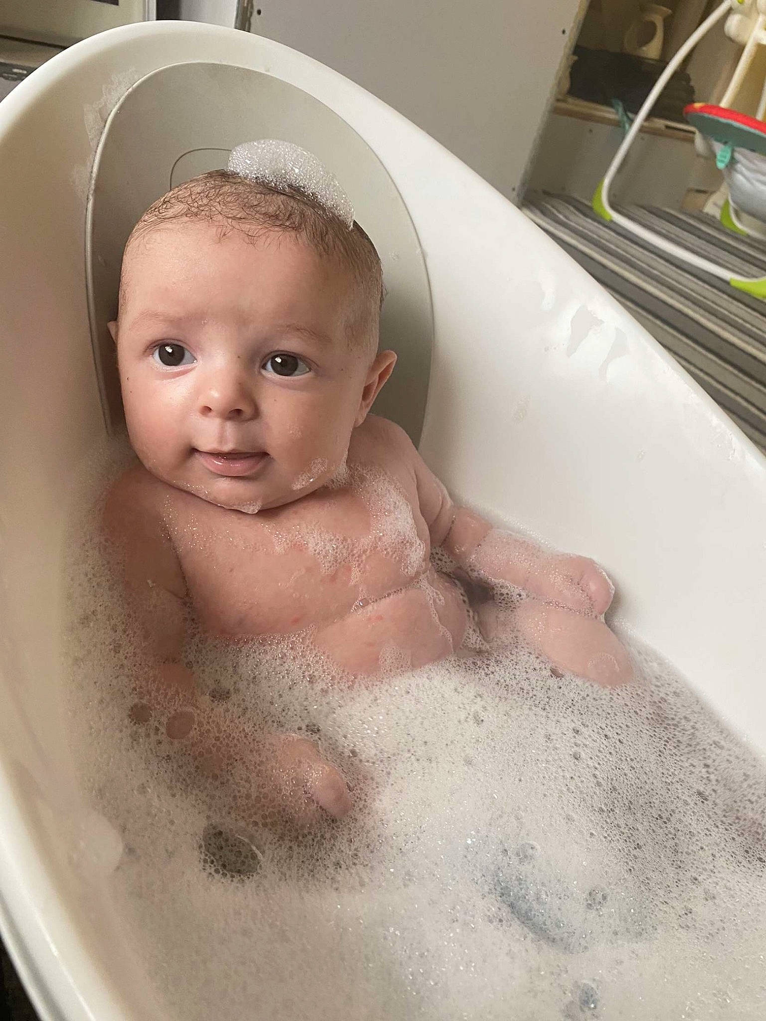 Kelvin joined the competition — help win amazing prizes! baby, baby_bathing, bathing, bathroom, bathtub, cheek, chest, ear, eye, eyelash, fluid, foam, liquid, organ, person, personal_care, plumbing, plumbing_fixture, skin, toddler