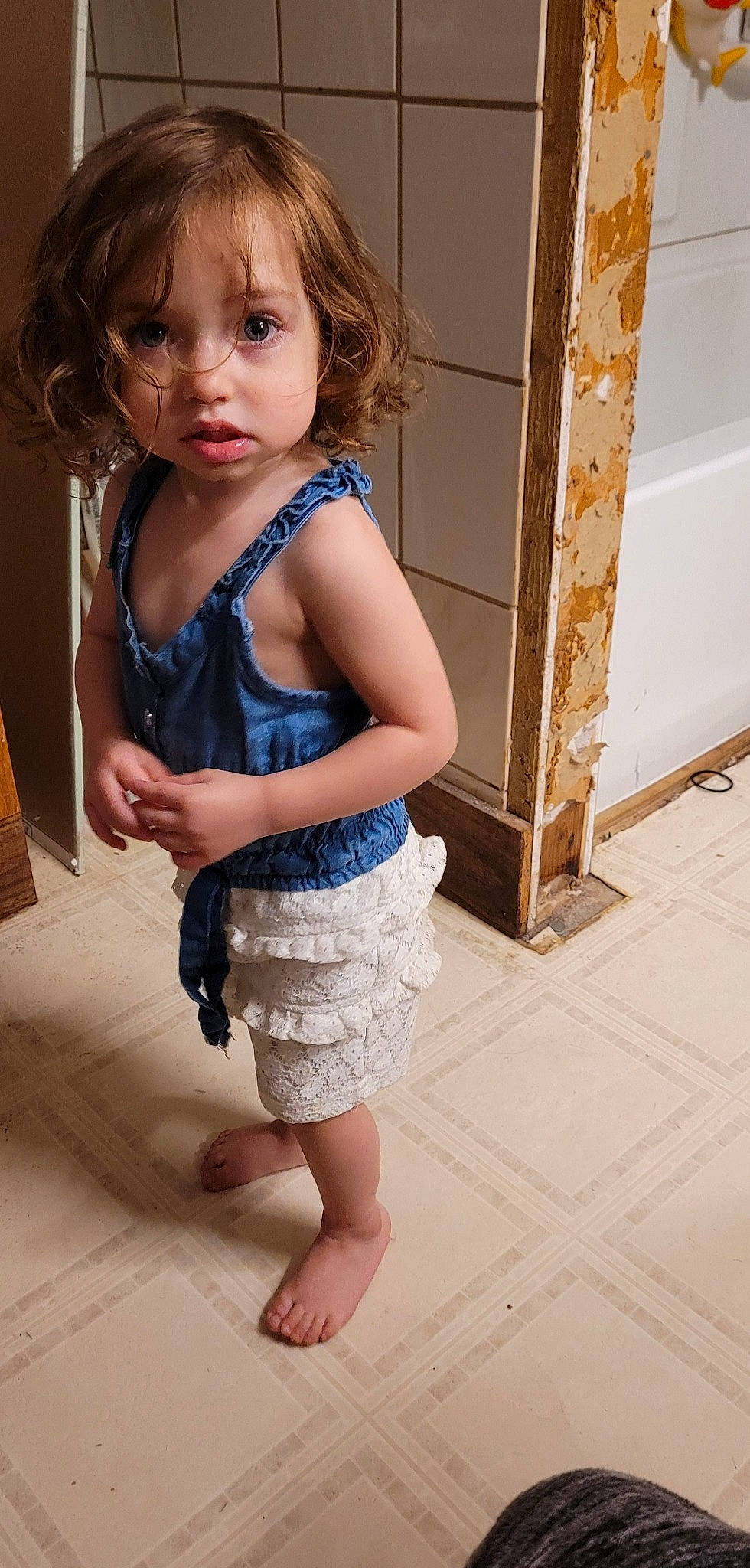 Samara joined the competition — help win amazing prizes! clothing, day_dress, electric_blue, eye, fashion_design, floor, flooring, hair, human_leg, iris, joint, knee, person, skin, standing, summer, thigh, toddler, trunk, waist