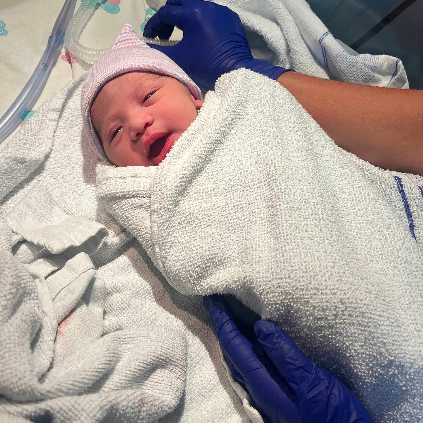 Kianna-Rae is registered to the contest to win money with this photo: baby, bed, blanket, care, cute, face, fresh, gloved_hands, hat, healthcare, hospital, infant, lying_down, medical, newborn, patient, person, skin, towel, wrapped