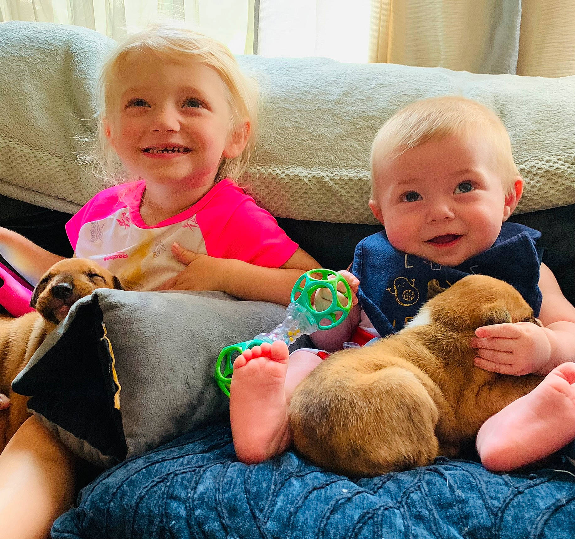 Lincoln is registered to the contest to win money with this photo: baby, comfort, couch, eye, face, facial_expression, fawn, finger, fun, happy, head, human, interaction, joy, lap, leg, person, product, skin, smile