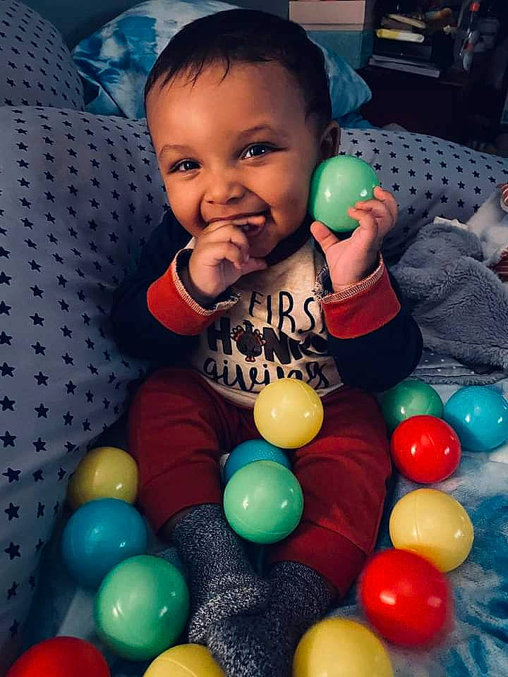 Grayson joined the competition — help win amazing prizes! baby, baby_toddler_clothing, ball, ball_pit, blue, child, circle, event, fun, green, happy, joy, leisure, mixture, person, play, product, smile, snapshot, sweetness