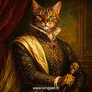 Hupper a rejoint le concours — aidez-le/la à gagner de superbes lots ! animal, animal_portrait, brown, cat, costume, dramatic_lighting, fabric, feline, fur, gold, green_eyes, historical_clothing, indoor, luxury, ornate, portrait, regal, royalty, scepter, vintage
