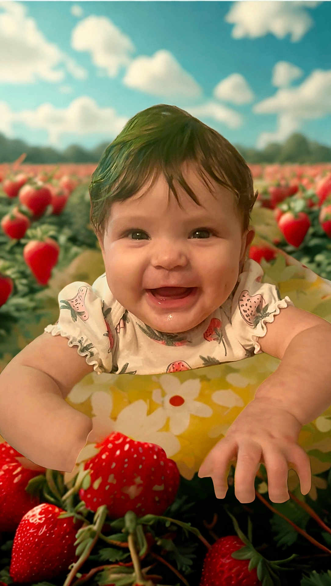 Allyana is registered to the contest to win money with this photo: baby, child, clouds, colorful, cute, field, fruit, garden, greenery, happy, nature, outdoor, plants, playful, portrait, sky, smiling, strawberry, summer, young