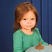 Leonardo is registered to the contest to win money with this photo: blue_background, brown_hair, casual_clothing, child, cute, eyes, face, green_shirt, head_and_shoulders, indoor, looking_at_camera, neutral_expression, plush_toy, portrait, sitting, smirk, soft_lighting, studio_photo, toddler, young_child