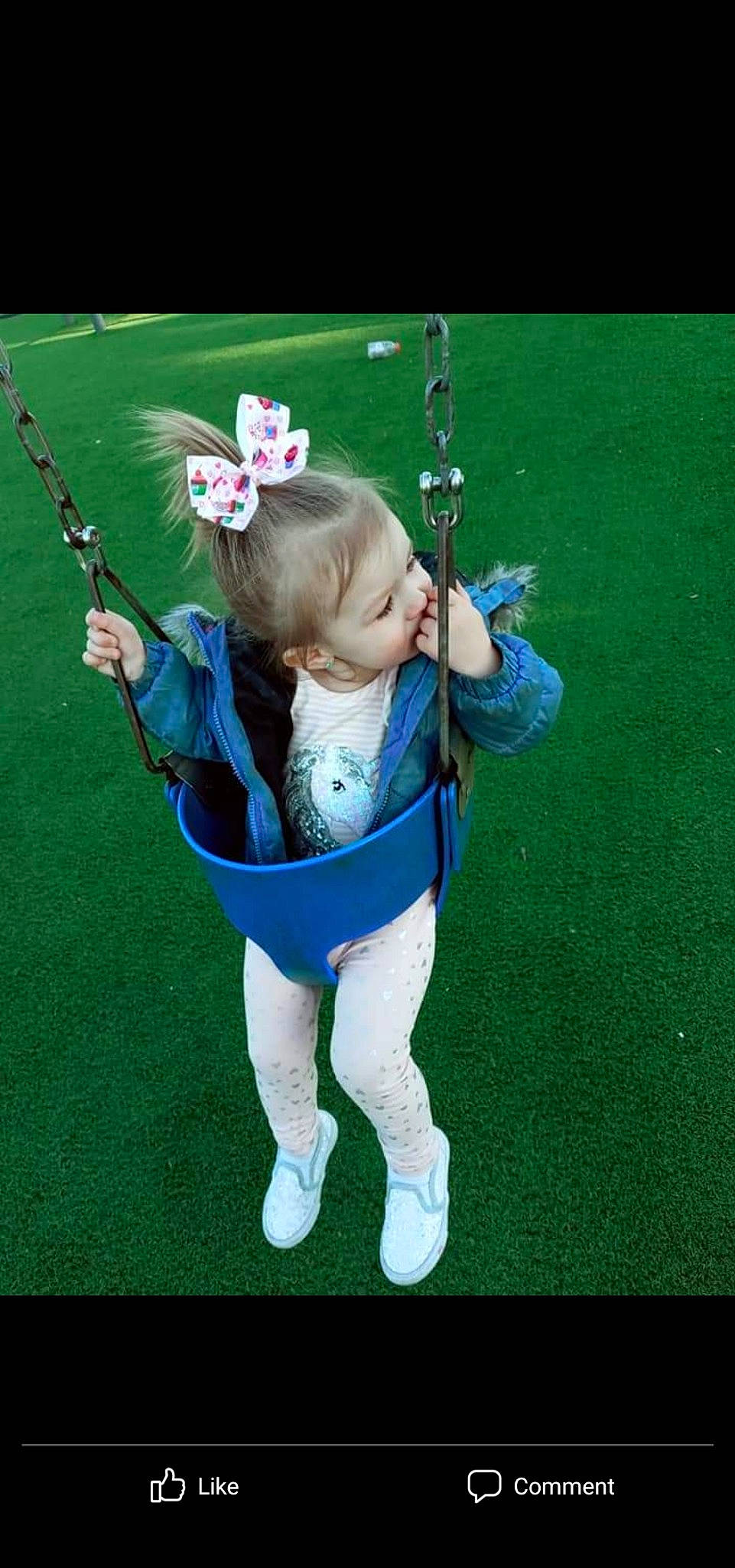 Audriella joined the competition — help win amazing prizes! baby, baby_toddler_clothing, child, electric_blue, fashion_accessory, fun, gesture, grass, grassland, happy, jewellery, lawn, leisure, outdoor_play_equipment, person, play, playground, pole, recreation, swing