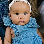 Emanii joined the competition — help win amazing prizes! baby, infant, child, headband, blue_dress, denim_dress, ruffled_sleeves, big_eyes, closeup, portrait, lap, hand, parent, skin, hair, gaze, cute, soft_light, warm_tone, sitting