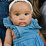 baby, infant, child, headband, blue_dress, denim_dress, ruffled_sleeves, big_eyes, closeup, portrait, lap, hand, parent, skin, hair, gaze, cute, soft_light, warm_tone, sitting