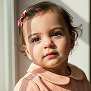 Amira is registered to the contest to win money with this photo: toddler, child, girl, portrait, sunlight, window, hair_clip, pink_dress, face, innocence, soft_shadows, brown_eyes, cute, indoors, closeup, curly_hair, serene, young_child, fashion, casual