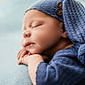 newborn, baby, sleeping, blue_hat, knitwear, soft_texture, peaceful, portrait, closeup, infant, resting, cute, child, face, hands, cozy, button, warm, calm, soft_light