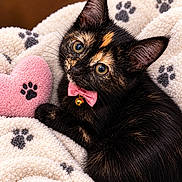 Maleficent joined the competition — help win amazing prizes! cat, kitten, tortoiseshell, black_cat, pet, animal, portrait, close_up, bow_tie, bell, pink, blanket, paw_print, cozy, indoor, lying_down, green_eyes, whiskers, fluffy, cute