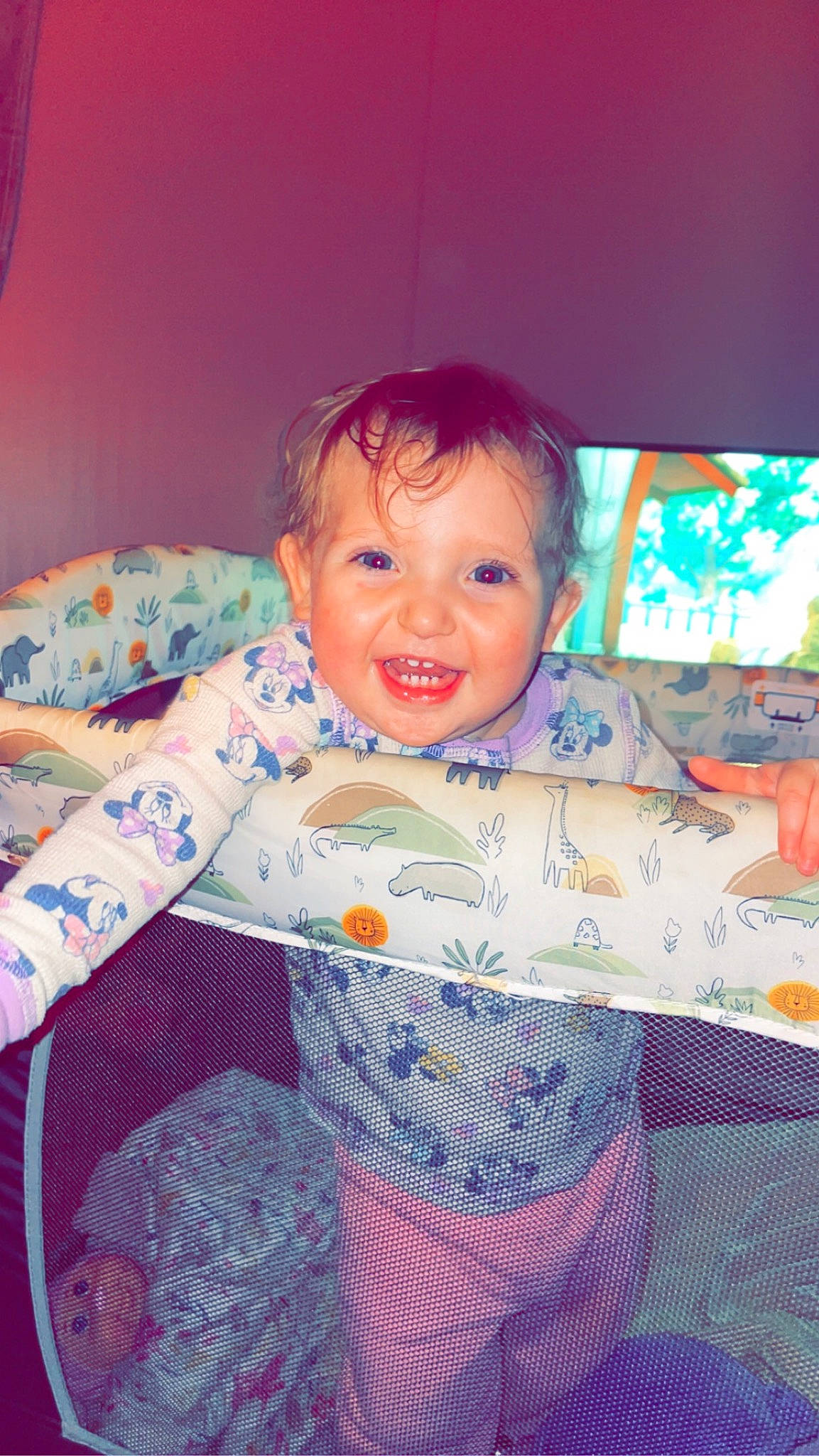 Aurora joined the competition — help win amazing prizes! baby, baby_laughing, baby_toddler_clothing, cheek, child, comfort, couch, fun, happy, joy, linens, pattern, person, pink, play, room, sitting, sleeve, smile, t_shirt