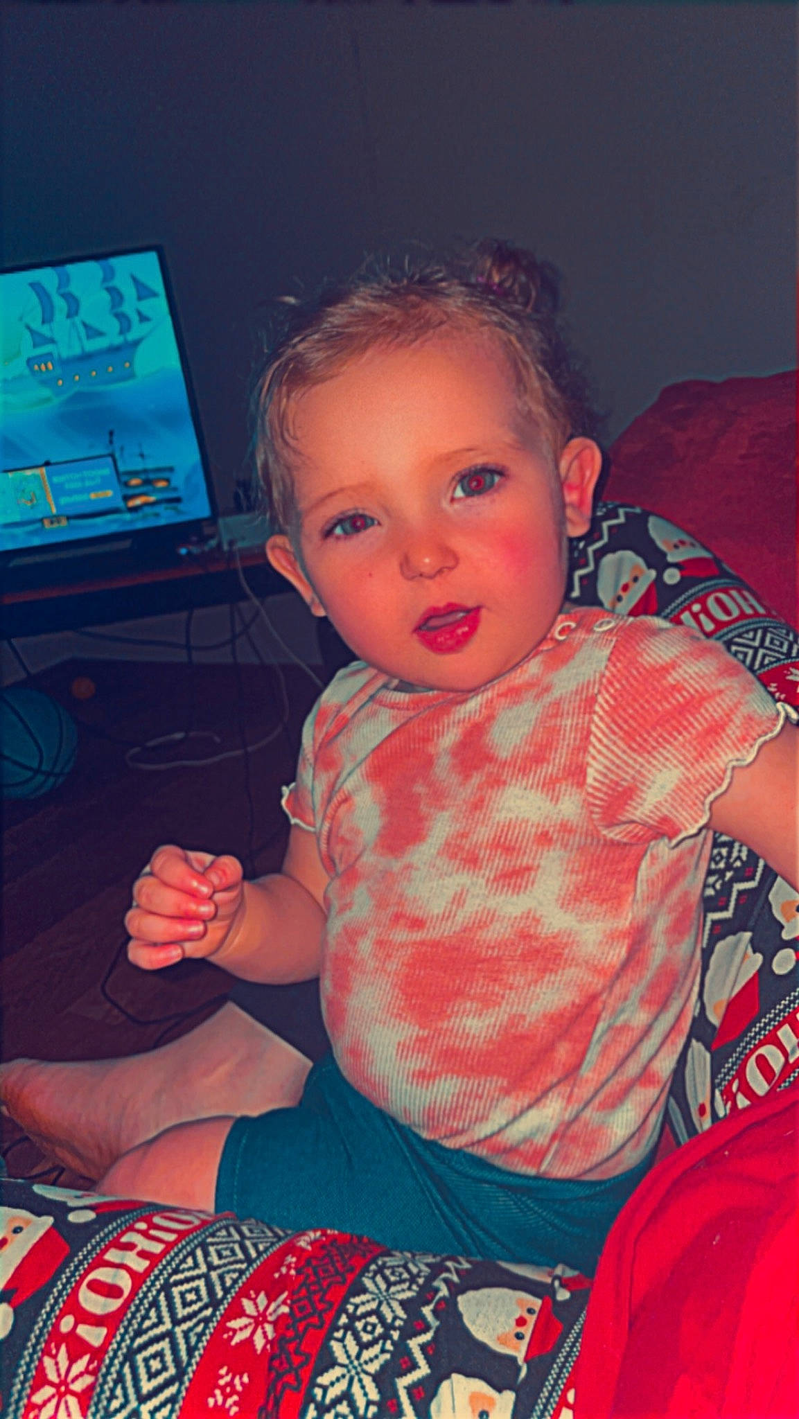 Aurora joined the competition — help win amazing prizes! baby_toddler_clothing, blue, child, computer_keyboard, desk, electric_blue, facial_expression, fun, gadget, happy, head, input_device, iris, lap, person, room, sitting, standing, t_shirt, toddler