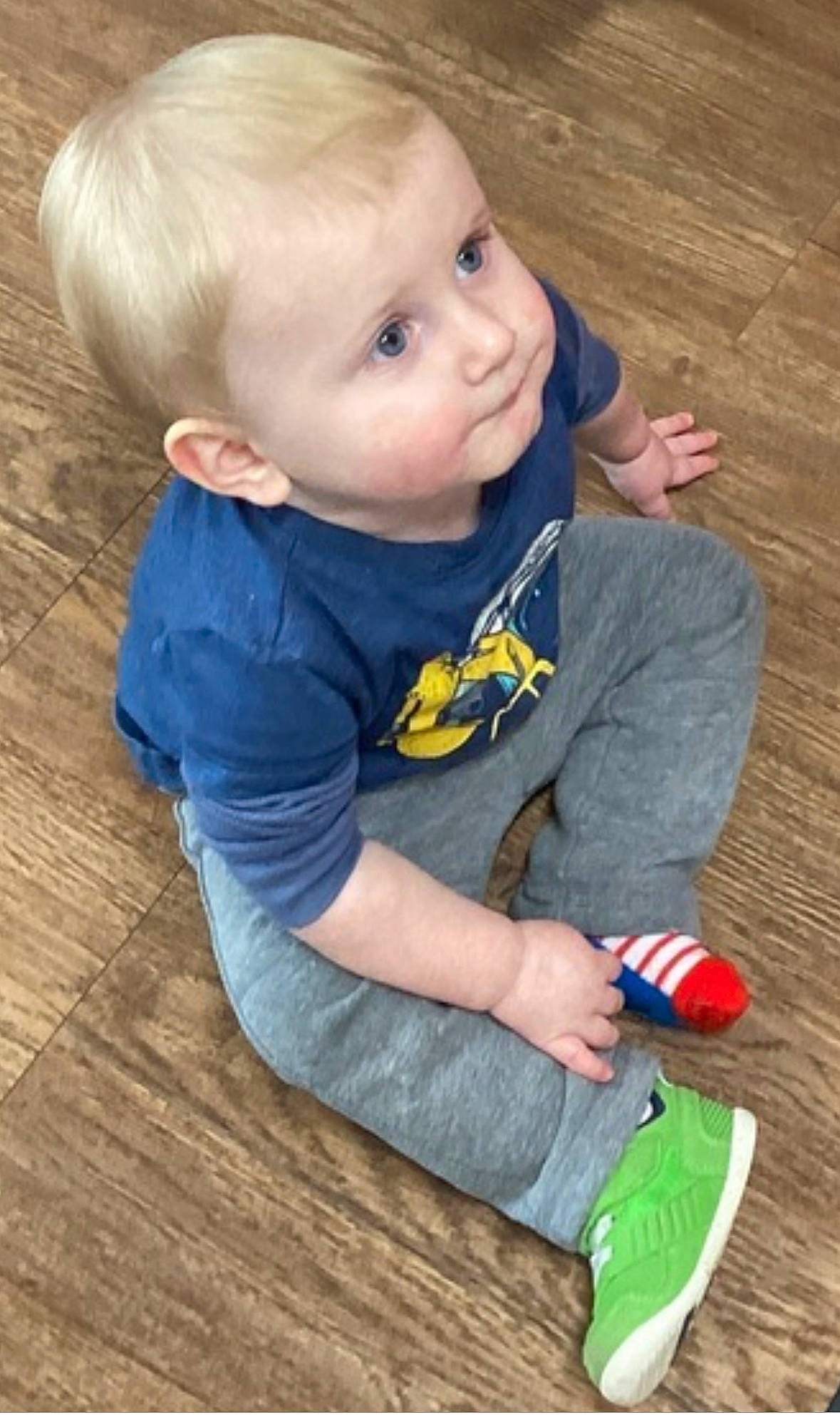 Kooper is registered to the contest to win money with this photo: baby, baby_toddler_clothing, cheek, child, clothing, eye, finger, floor, flooring, grass, hardwood, iris, nose, person, sitting, skin, sleeve, t_shirt, toddler, wood