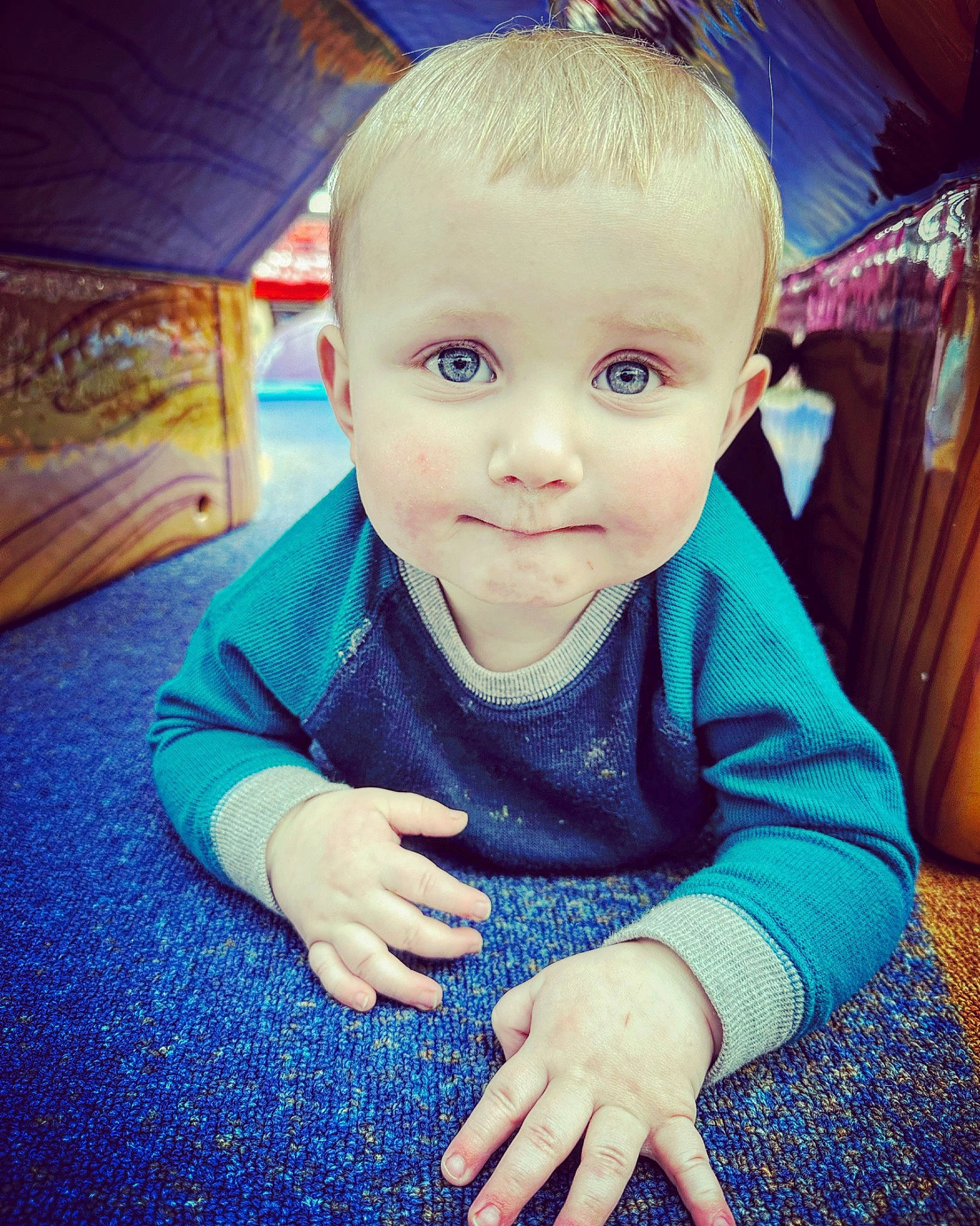 Kooper joined the competition — help win amazing prizes! baby, baby_toddler_clothing, blue, cheek, child, chin, cool, electric_blue, flash_photography, happy, iris, mouth, nose, person, sitting, skin, sleeve, smile, tints_and_shades, toddler