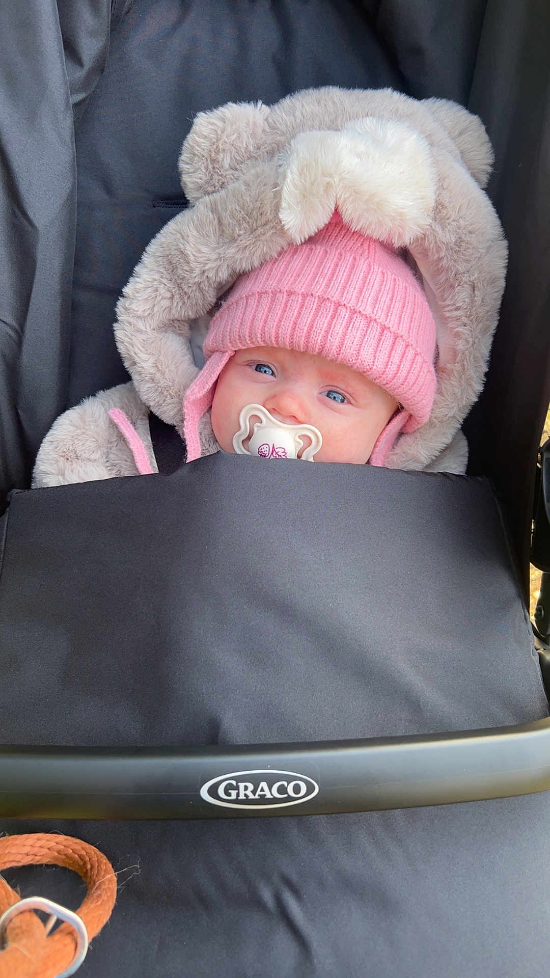 Remmie joined the competition — help win amazing prizes! baby, infant, pacifier, pink_hat, fur_hood, stroller, graco, blue_eyes, cozy, cute, child, warm_clothing, bundle, face, outdoor, winter_wear, person, headwear, blanket, baby_stroller