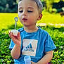 child, toddler, boy, blue_shirt, adidas, bubble_wand, bubbles, outdoor, grass, blanket, greenery, summer, play, casual_clothing, portrait, daylight, nature, happy, cute, leisure