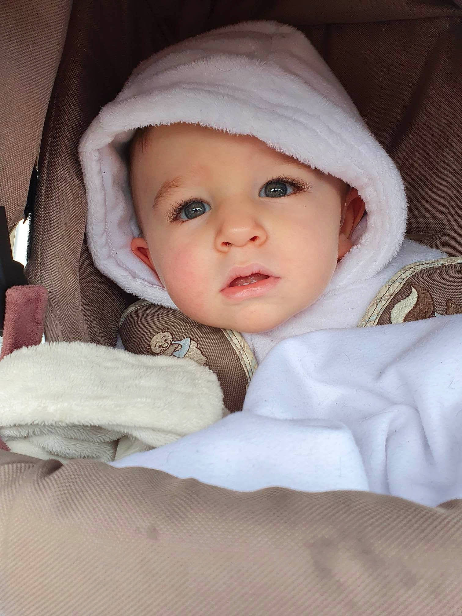 Sam participe au concours pour gagner de l'argent avec cette photo : baby, baby_carriage, baby_products, baby_safety, baby_sleeping, baby_toddler_clothing, cheek, child, comfort, eyelash, fashion_accessory, fur, headgear, headwear, linens, lip, person, portrait_photography, sitting, skin