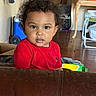 toddler, child, curly_hair, red_shirt, indoor, face, expression, leather_surface, wooden_floor, table, toy, box, furniture, home, casual, portrait, young_child, person, curious, messy_face