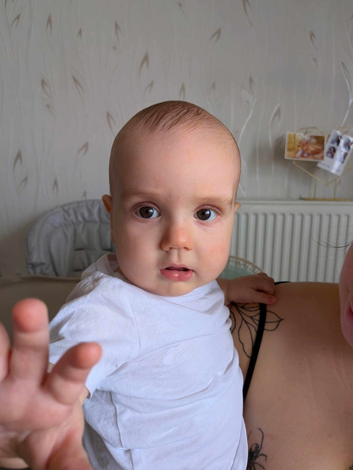 Angel a rejoint le concours — aidez-le/la à gagner de superbes lots ! baby, child, person, face, hand, white_clothing, tattoo, adult, indoor, wallpaper, radiator, photo_frame, highchair, curious, closeup, expression, skin, eye_contact, portrait, home