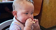 Charlotte joined the competition — help win amazing prizes! baby, child, high_chair, restaurant, snack, eating, sitting, face, portrait, indoors, adult, man, baseball_cap, camouflage_shirt, booth, table, food, happy, family, candid