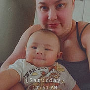 Benji joined the competition — help win amazing prizes! woman, baby, child, person, smile, indoor, portrait, casual, clothing, arm, hair, face, holding, tshirt, time, text_overlay, candid, skin, expression, family