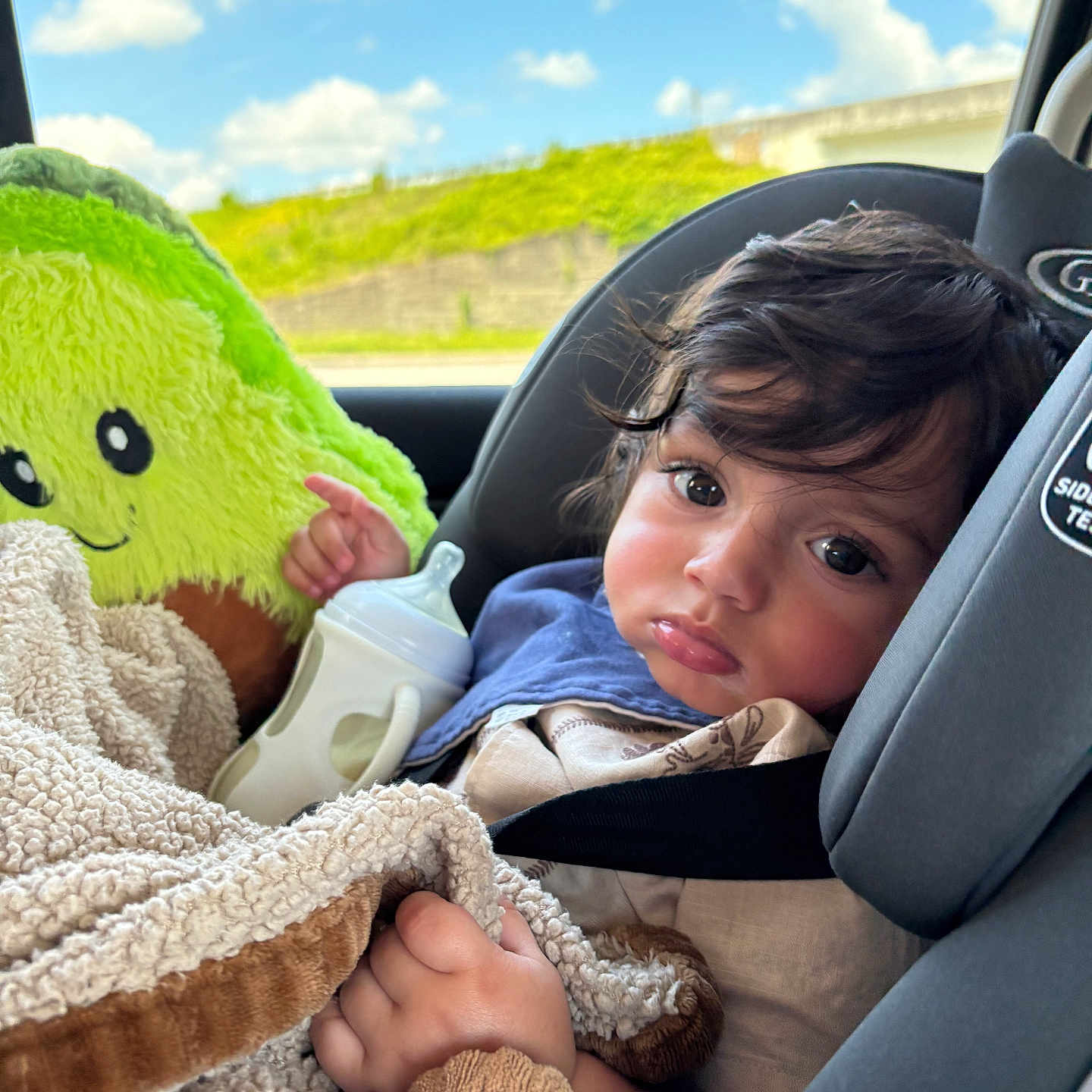 Micaden joined the competition — help win amazing prizes! avocado_toy, baby, baby_bottle, blanket, car_interior, car_seat, child, clothing, clouds, curly_hair, cute, expression, greenery, indoors, plush_toy, portrait, seatbelt, sky, toddler, window