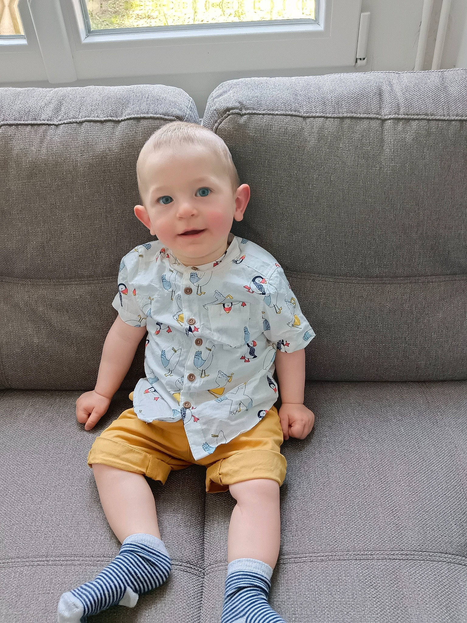 Robin participe au concours pour gagner de l'argent avec cette photo : baby, baby_toddler_clothing, child, comfort, couch, dress_shirt, flooring, head, joy, pattern, person, picture_frame, shorts, sitting, skin, sleeve, smile, standing, t_shirt, toddler