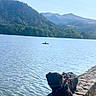 dog, black_dog, shaggy_dog, harness, leash, lakeside, lake, water, mountains, hills, forest, trees, scenic, outdoors, nature, stone_wall, shoreline, boat, daylight, landscape