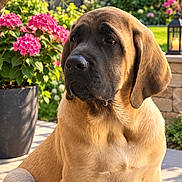 Boskoo participe au concours pour gagner de l'argent avec cette photo : dog, puppy, mastiff, large_breed, droopy_face, sitting, outdoor, garden, patio, flowers, pink_flowers, greenery, tree, potted_plant, lantern, sunlight, backyard, portrait, fawn_coat, floppy_ears