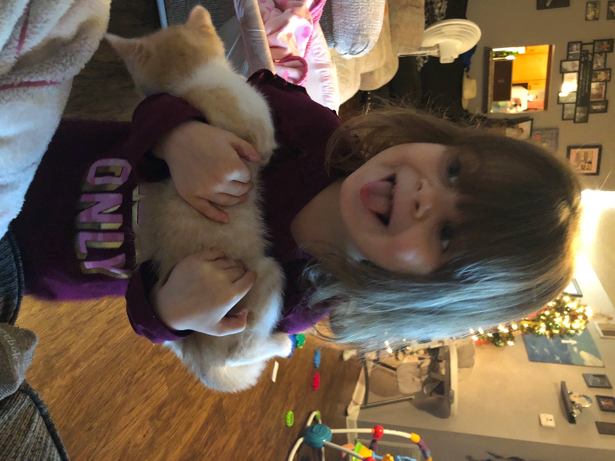 Olivia is registered to the contest to win money with this photo: child, christmas, christmas_eve, companion_dog, ear, event, fun, fur, hair_coloring, happy, person, room, selfie, smile, snapshot, stuffed_toy, toddler, toy, tree, wood