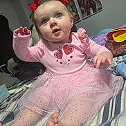 Charlotte is registered to the contest to win money with this photo: baby, infant, child, pink_dress, tutu, red_bows, hair_bows, blue_eyes, wide_eyes, toes, bare_feet, bedroom, bed, blanket, poster, cute, portrait, sitting, sparkle, playful