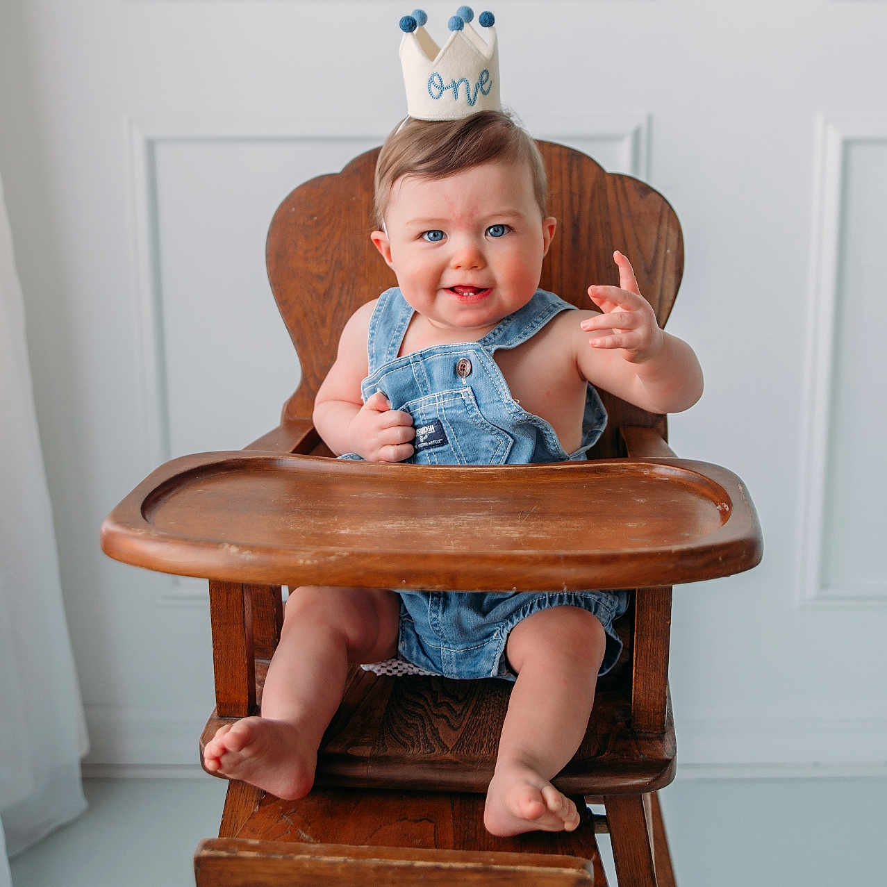 Braxton joined the competition — help win amazing prizes! baby, blue_eyes, casual, child, crown, cute, denim, happy, high_chair, indoor, infant, light, minimalist, one_year_old, overalls, playful, portrait, sitting, smiling, wooden_furniture