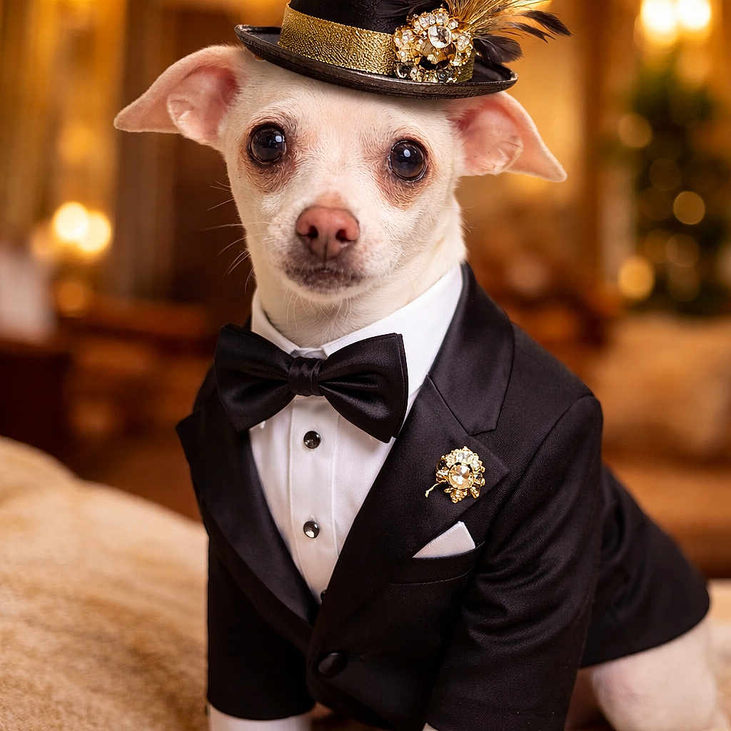Freckles Liam is registered to the contest to win money with this photo: animal, black_bowtie, chihuahua, cute, decor, dog, fancy, feather, formal_wear, gold, indoor, jewelry, luxury, pet, portrait, posing, small_dog, soft_lighting, top_hat, tuxedo