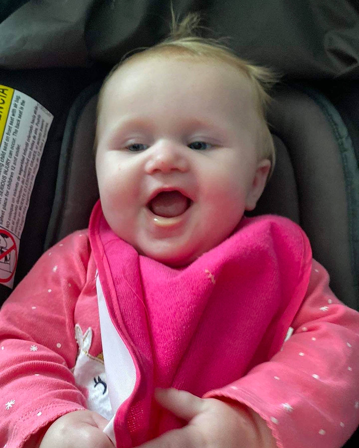 Abygale joined the competition — help win amazing prizes! baby, baby_carriage, baby_in_car_seat, baby_toddler_clothing, car_seat, cheek, comfort, eyebrow, finger, gesture, happy, iris, mouth, nose, person, pink, product, skin, smile, toddler